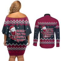 Headin For Santas Naughty Christmas Christmas Couples Matching Off Shoulder Short Dress and Long Sleeve Button Shirt Xmas Holiday Patterns - Wonder Print Shop