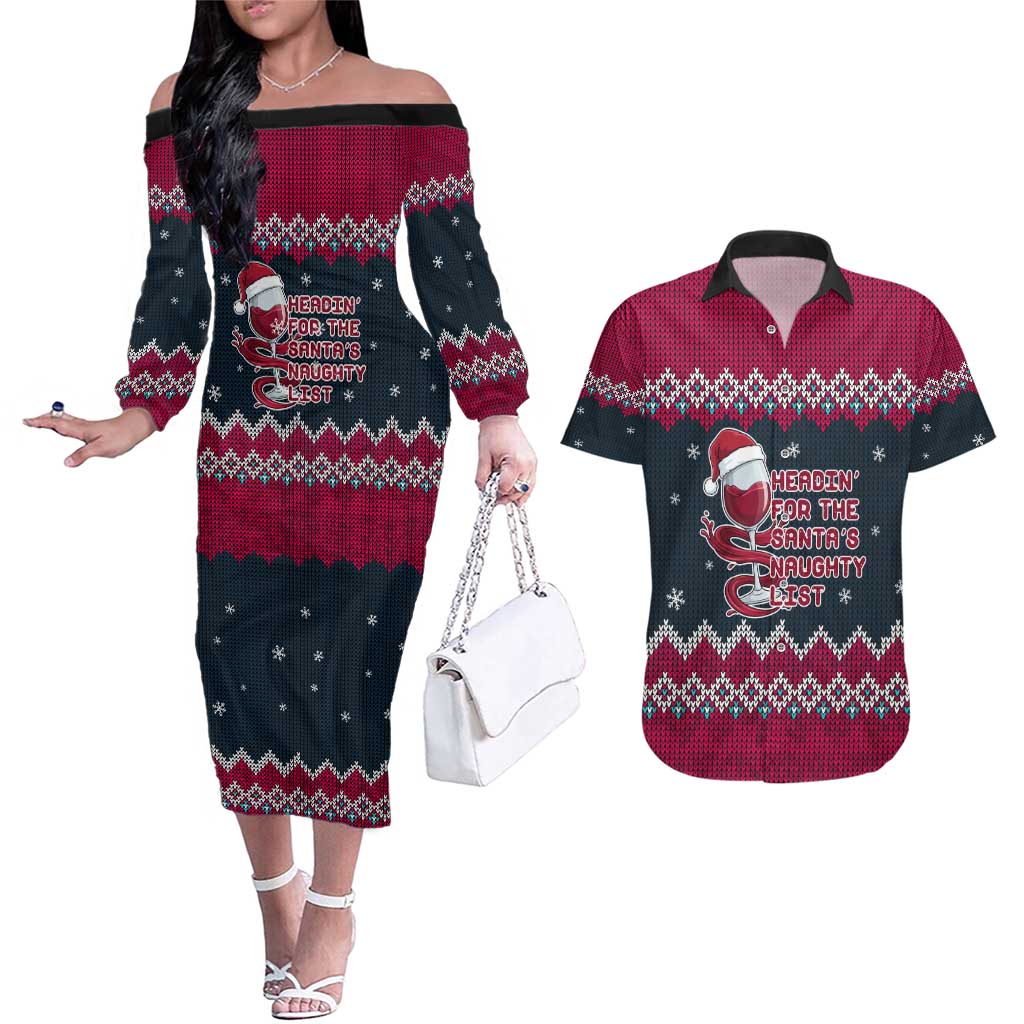 Headin For Santas Naughty Christmas Christmas Couples Matching Off The Shoulder Long Sleeve Dress and Hawaiian Shirt Xmas Holiday Patterns - Wonder Print Shop