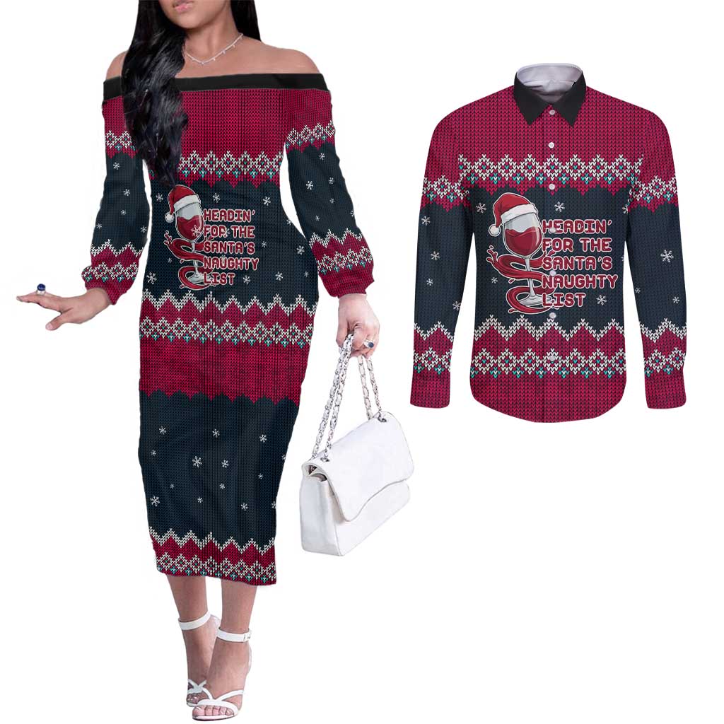 Headin For Santas Naughty Christmas Christmas Couples Matching Off The Shoulder Long Sleeve Dress and Long Sleeve Button Shirt Xmas Holiday Patterns - Wonder Print Shop