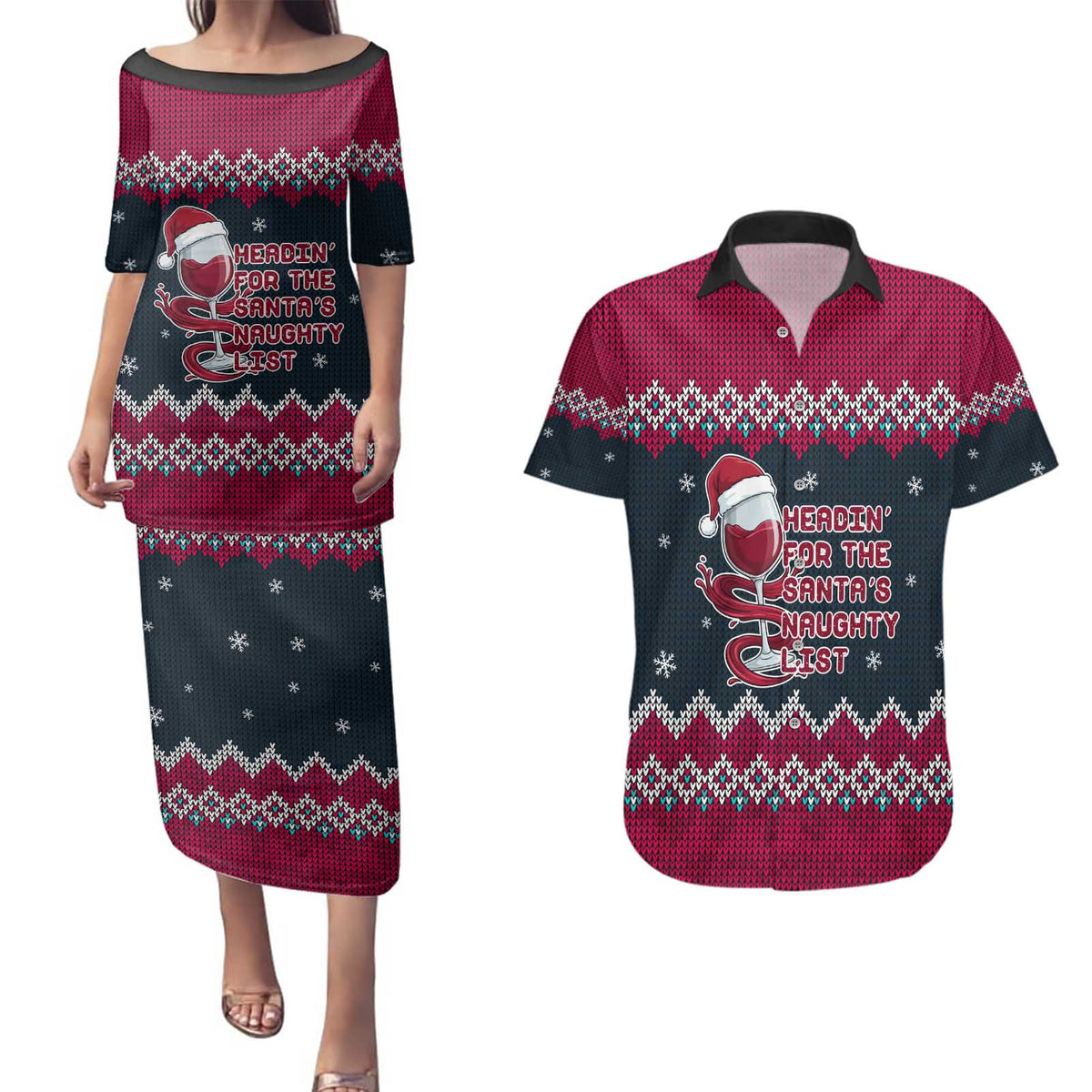 Headin For Santas Naughty Christmas Christmas Couples Matching Puletasi and Hawaiian Shirt Xmas Holiday Patterns - Wonder Print Shop