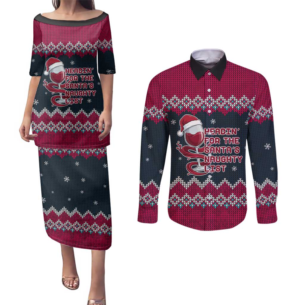 Headin For Santas Naughty Christmas Christmas Couples Matching Puletasi and Long Sleeve Button Shirt Xmas Holiday Patterns - Wonder Print Shop