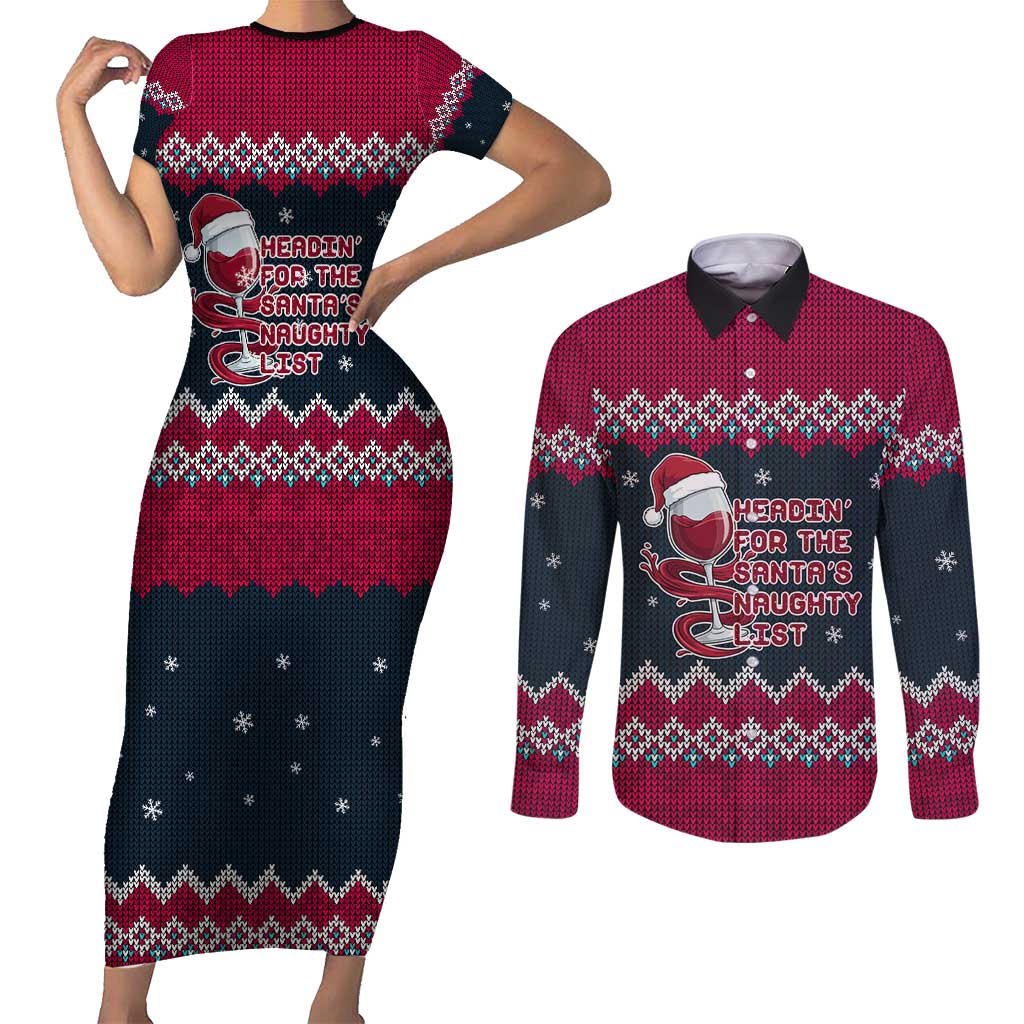 Headin For Santas Naughty Christmas Christmas Couples Matching Short Sleeve Bodycon Dress and Long Sleeve Button Shirt Xmas Holiday Patterns - Wonder Print Shop