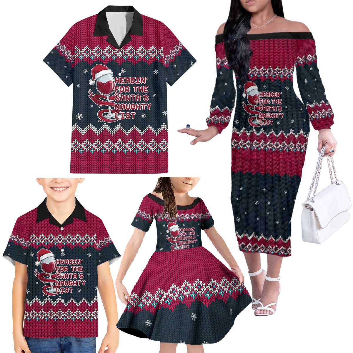 Headin For Santas Naughty Christmas Christmas Family Matching Off The Shoulder Long Sleeve Dress and Hawaiian Shirt Xmas Holiday Patterns - Wonder Print Shop