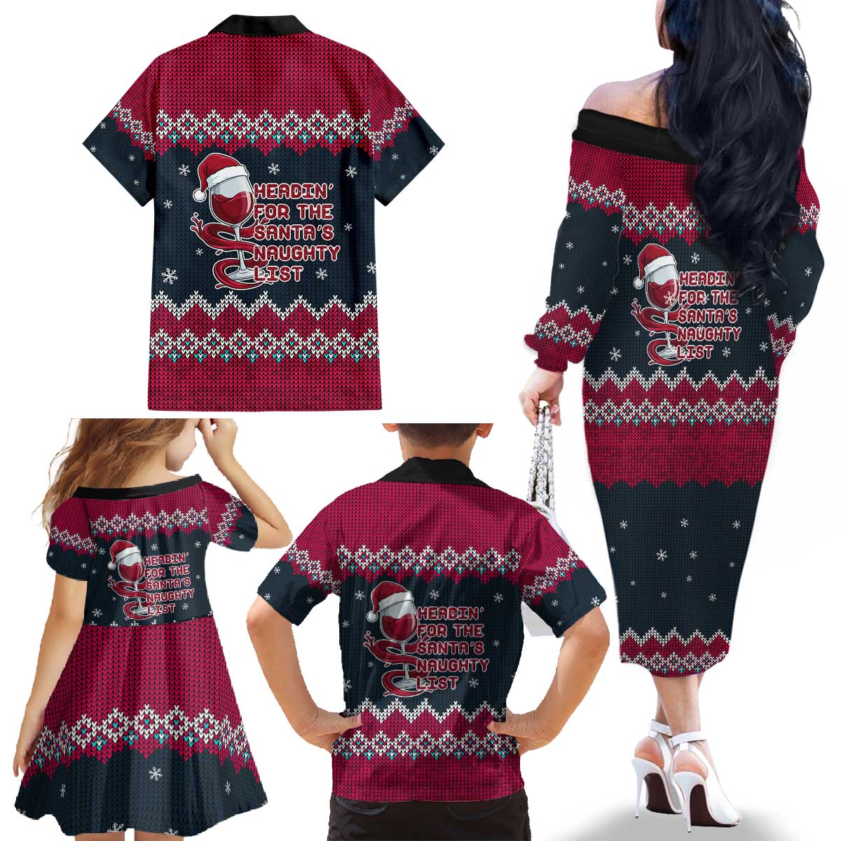 Headin For Santas Naughty Christmas Christmas Family Matching Off The Shoulder Long Sleeve Dress and Hawaiian Shirt Xmas Holiday Patterns - Wonder Print Shop