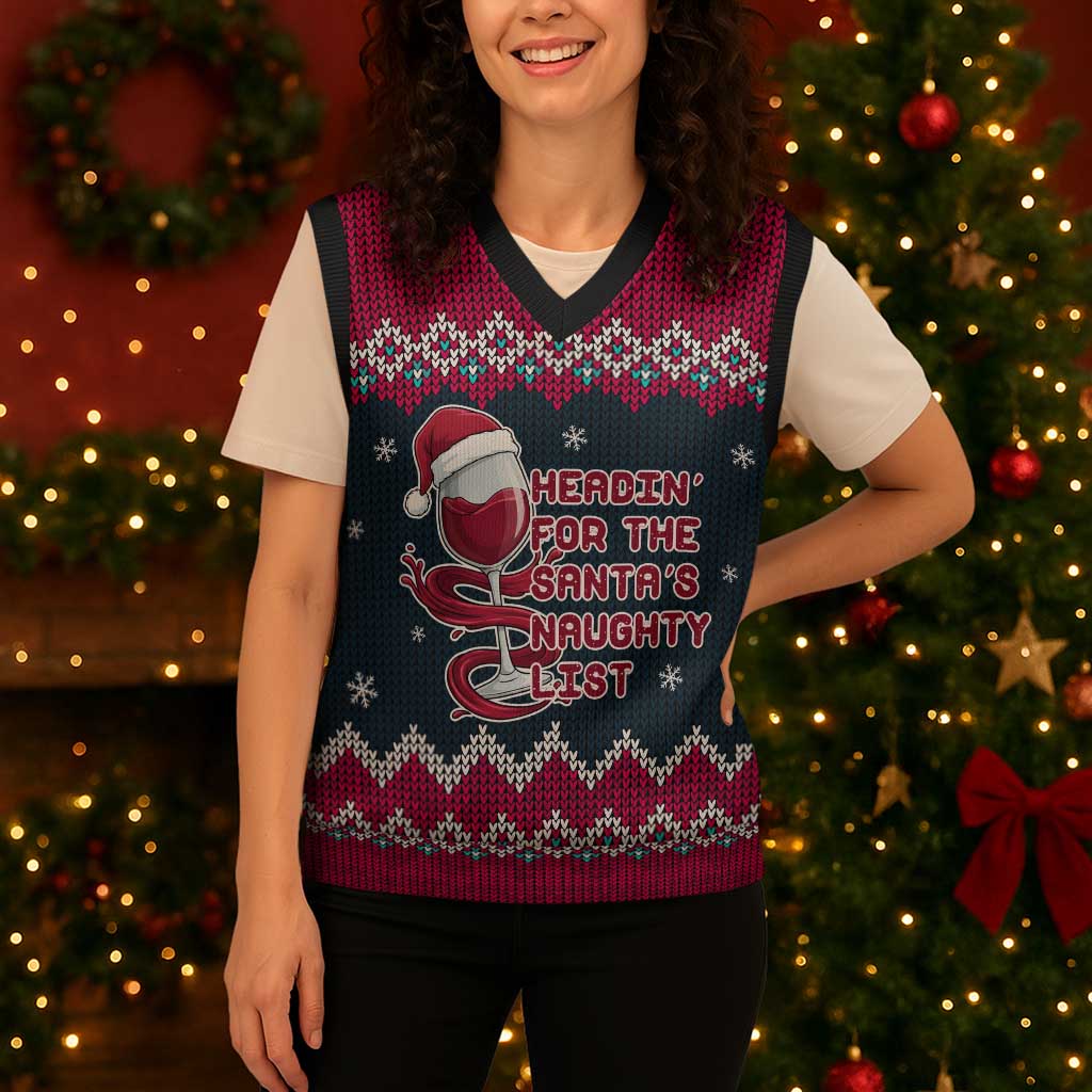 Headin For Santas Naughty Christmas Christmas Knitted V-Neck Vest Xmas Holiday Patterns - Wonder Print Shop