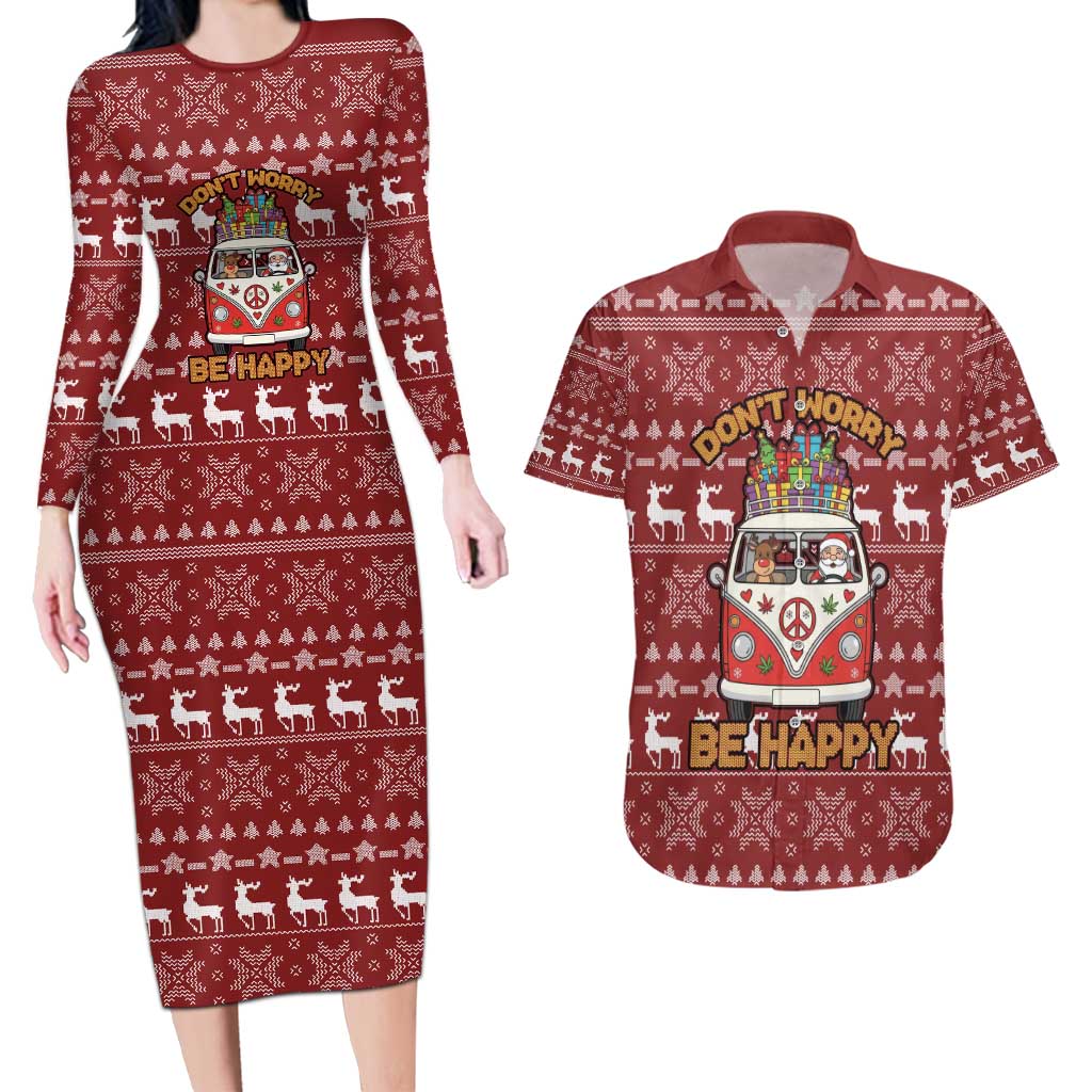 Hippie Car Santa Claus Christmas Couples Matching Long Sleeve Bodycon Dress and Hawaiian Shirt Xmas Holiday Patterns - Wonder Print Shop