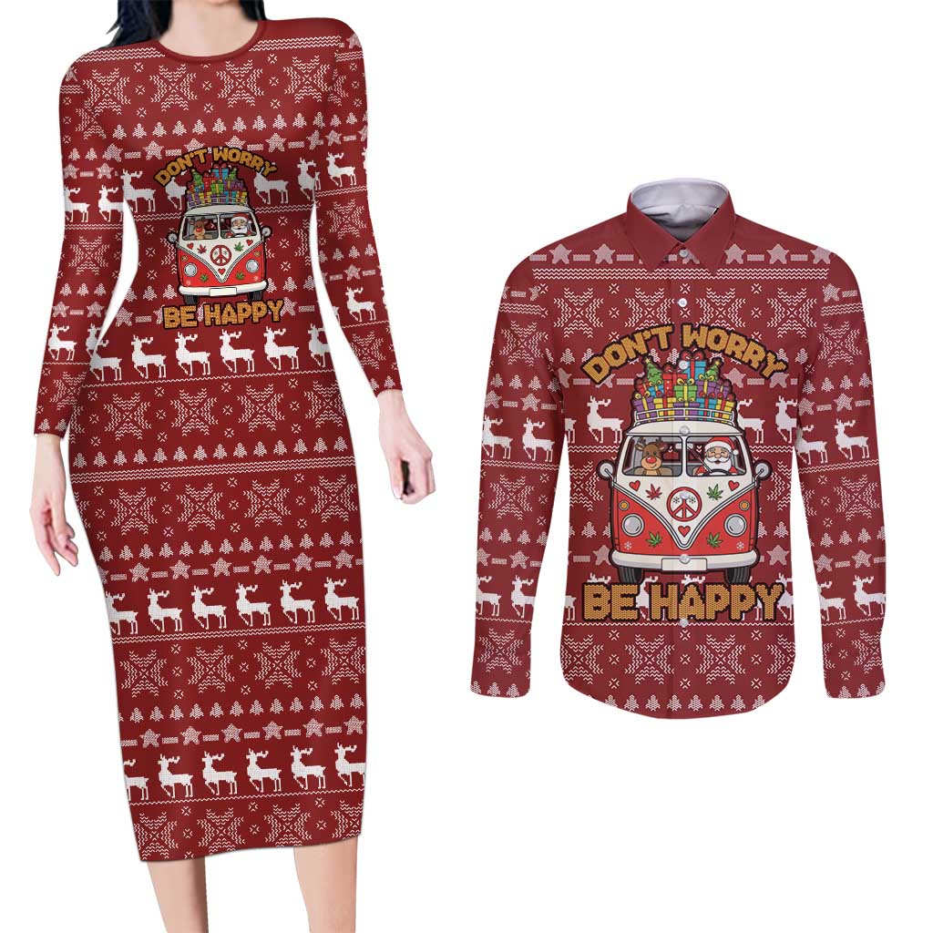 Hippie Car Santa Claus Christmas Couples Matching Long Sleeve Bodycon Dress and Long Sleeve Button Shirt Xmas Holiday Patterns - Wonder Print Shop