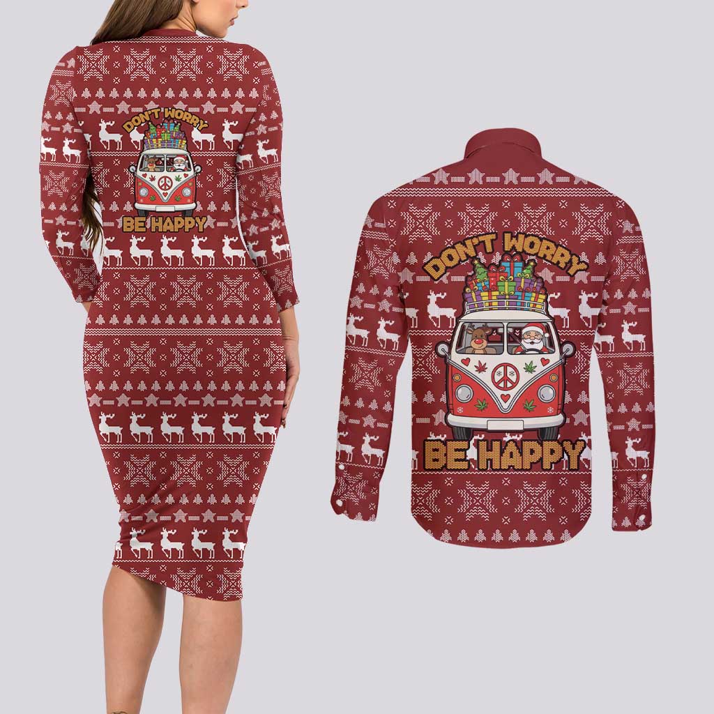 Hippie Car Santa Claus Christmas Couples Matching Long Sleeve Bodycon Dress and Long Sleeve Button Shirt Xmas Holiday Patterns - Wonder Print Shop