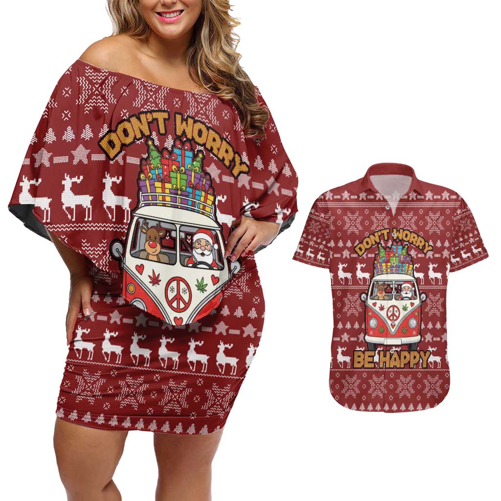 Hippie Car Santa Claus Christmas Couples Matching Off Shoulder Short Dress and Hawaiian Shirt Xmas Holiday Patterns - Wonder Print Shop