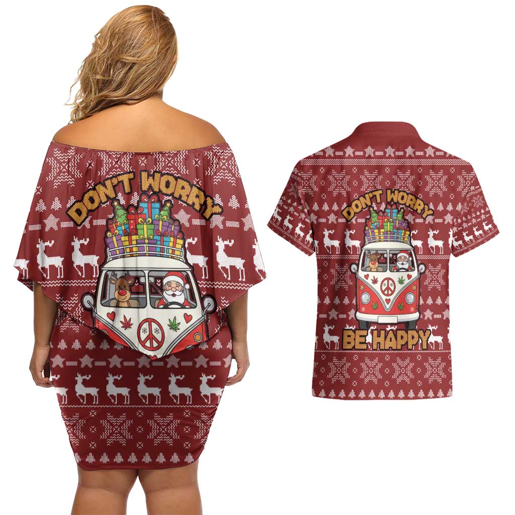 Hippie Car Santa Claus Christmas Couples Matching Off Shoulder Short Dress and Hawaiian Shirt Xmas Holiday Patterns - Wonder Print Shop