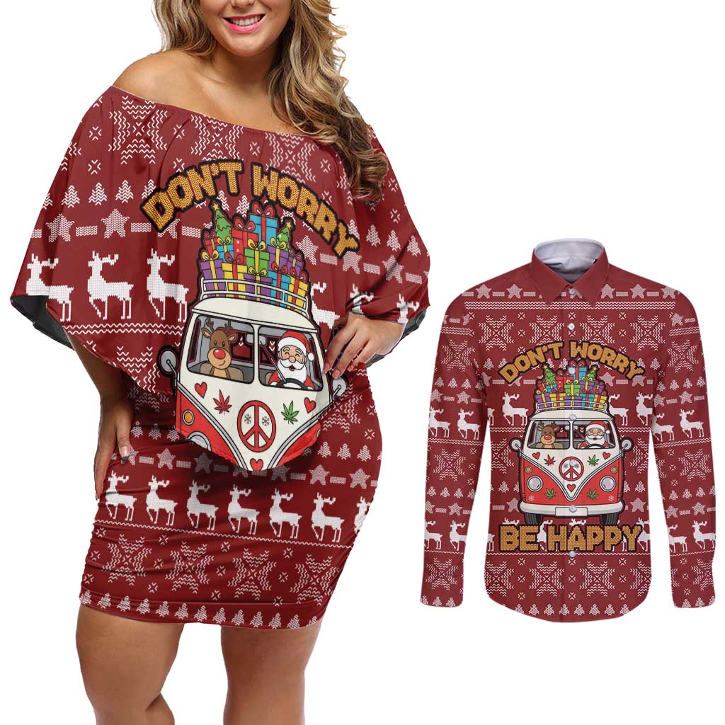 Hippie Car Santa Claus Christmas Couples Matching Off Shoulder Short Dress and Long Sleeve Button Shirt Xmas Holiday Patterns - Wonder Print Shop
