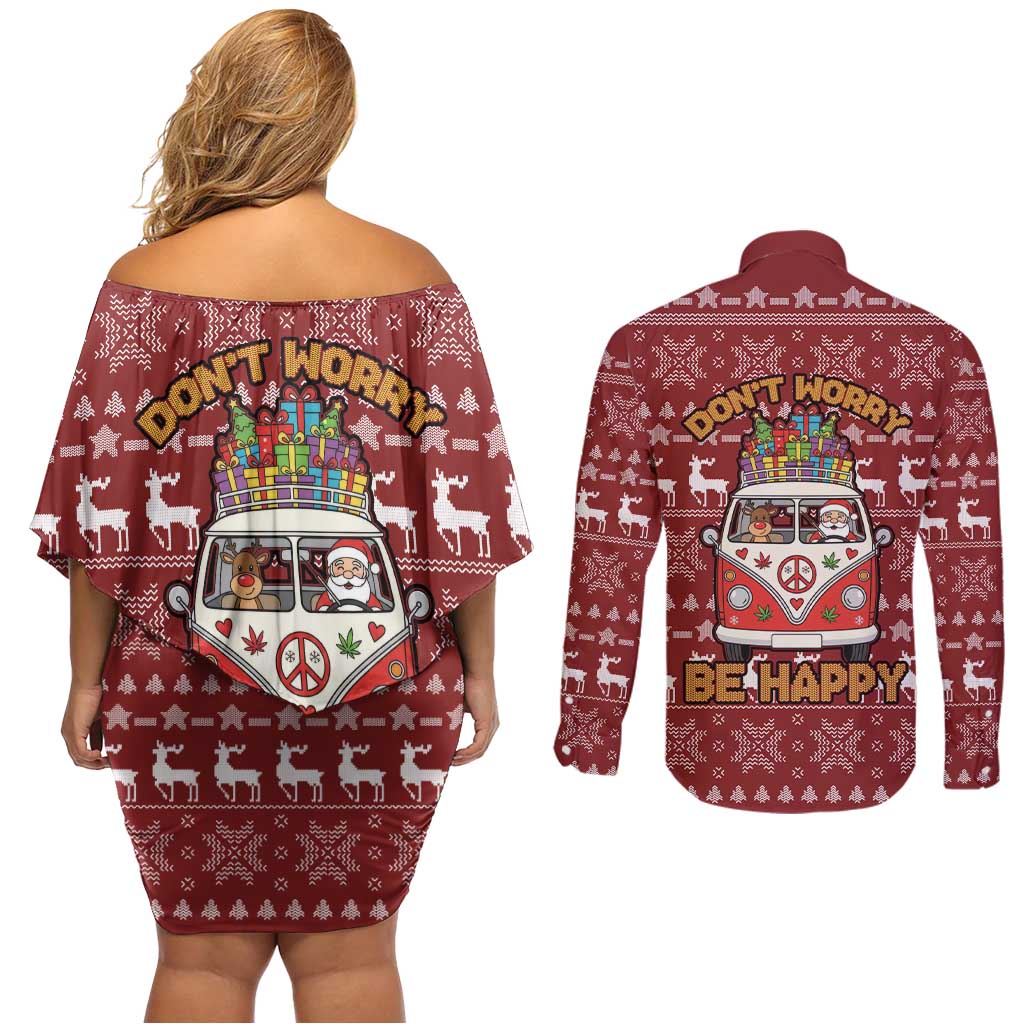 Hippie Car Santa Claus Christmas Couples Matching Off Shoulder Short Dress and Long Sleeve Button Shirt Xmas Holiday Patterns - Wonder Print Shop