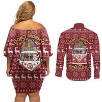 Hippie Car Santa Claus Christmas Couples Matching Off Shoulder Short Dress and Long Sleeve Button Shirt Xmas Holiday Patterns - Wonder Print Shop