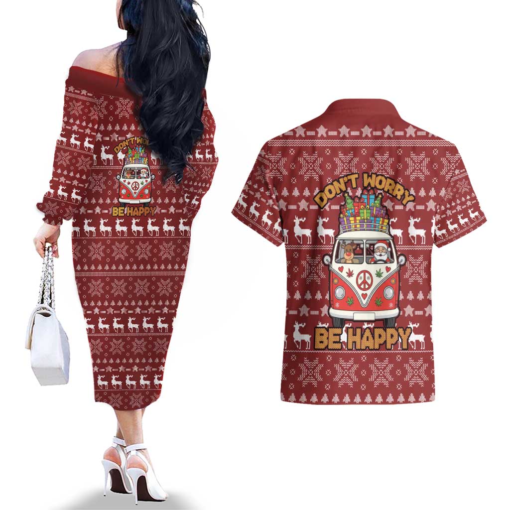 Hippie Car Santa Claus Christmas Couples Matching Off The Shoulder Long Sleeve Dress and Hawaiian Shirt Xmas Holiday Patterns - Wonder Print Shop