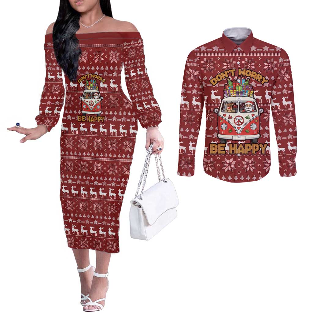 Hippie Car Santa Claus Christmas Couples Matching Off The Shoulder Long Sleeve Dress and Long Sleeve Button Shirt Xmas Holiday Patterns - Wonder Print Shop