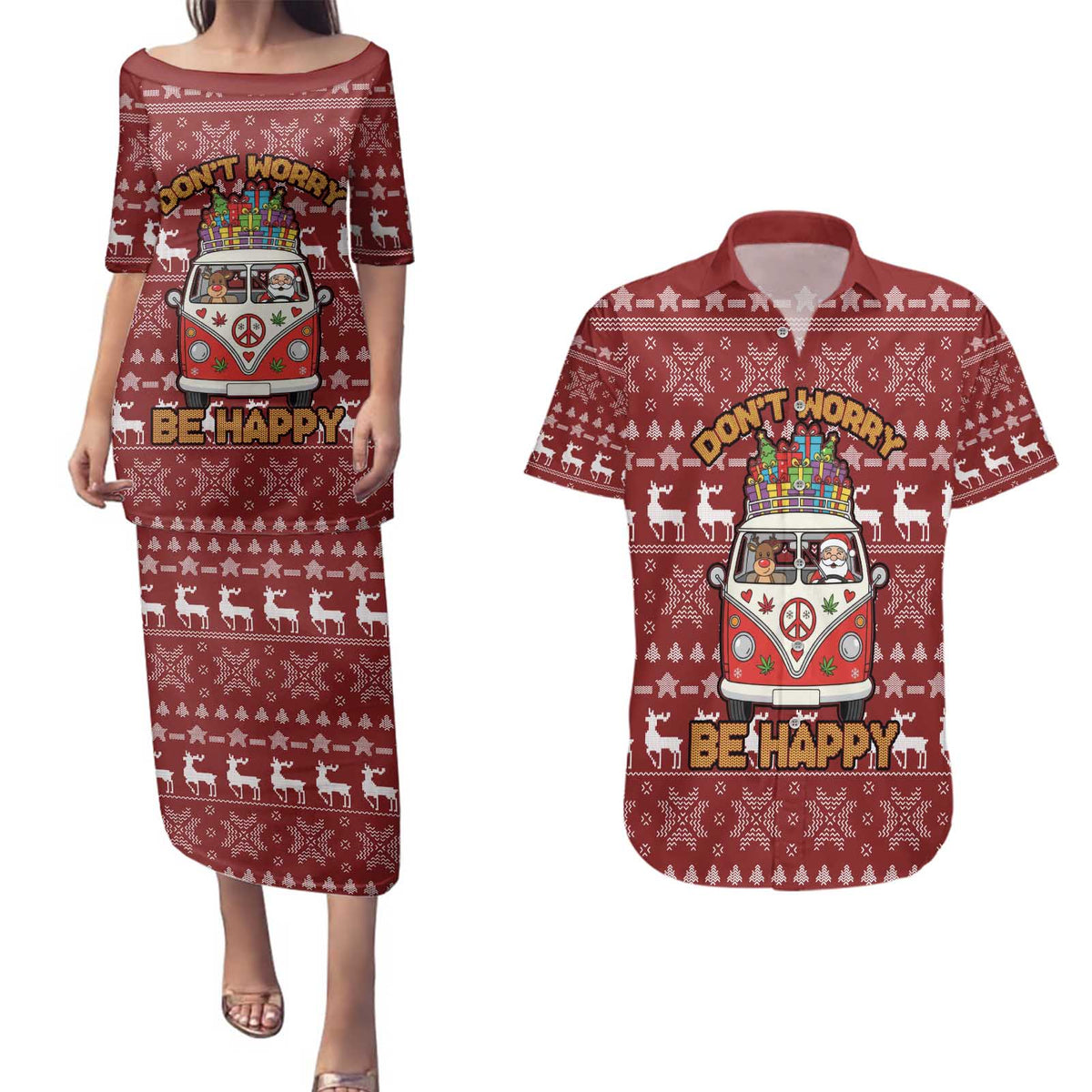 Hippie Car Santa Claus Christmas Couples Matching Puletasi and Hawaiian Shirt Xmas Holiday Patterns - Wonder Print Shop
