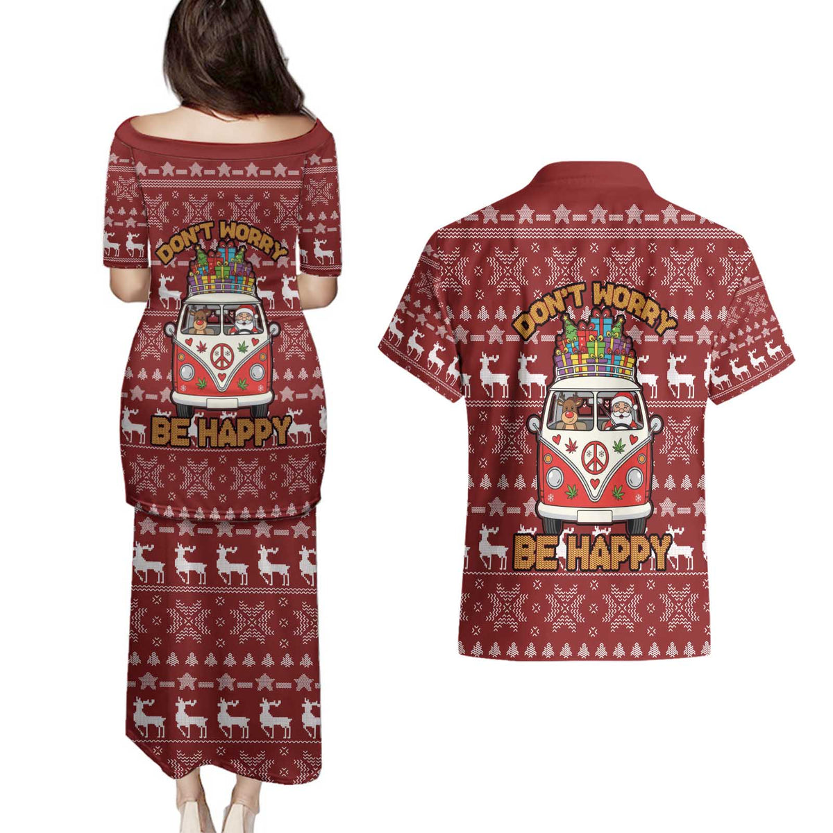 Hippie Car Santa Claus Christmas Couples Matching Puletasi and Hawaiian Shirt Xmas Holiday Patterns - Wonder Print Shop