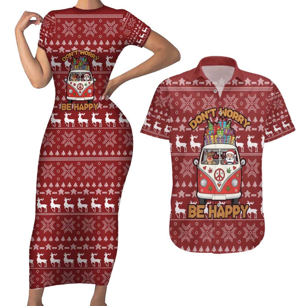 Hippie Car Santa Claus Christmas Couples Matching Short Sleeve Bodycon Dress and Hawaiian Shirt Xmas Holiday Patterns - Wonder Print Shop