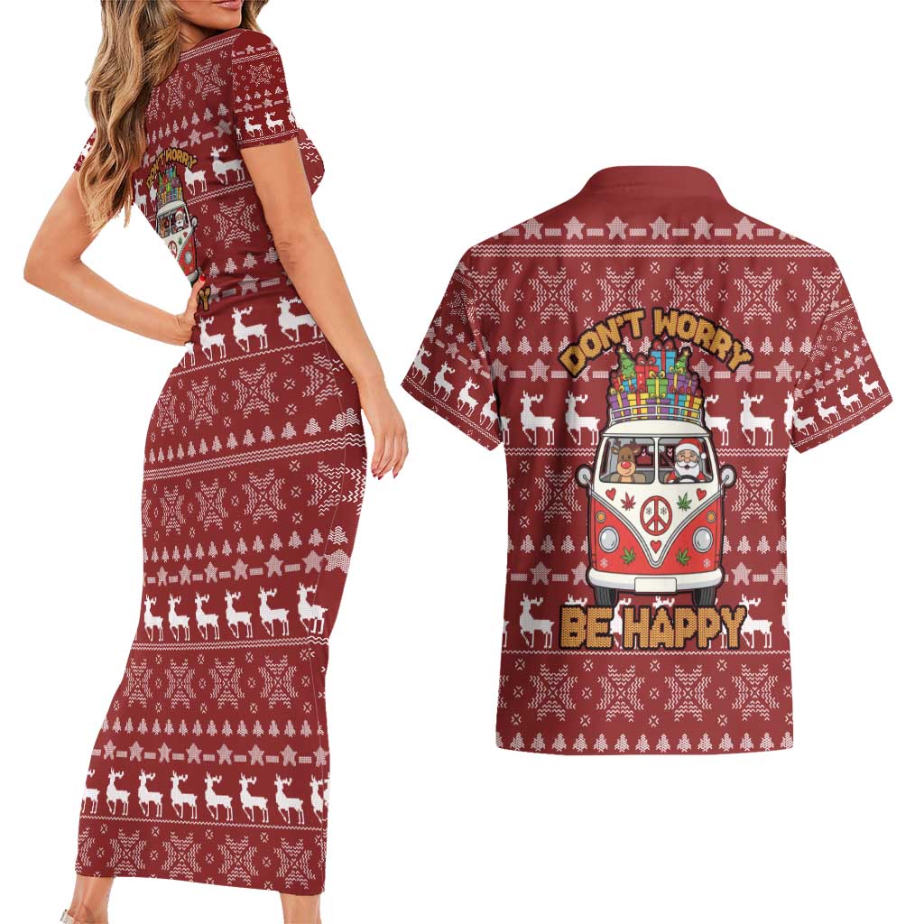 Hippie Car Santa Claus Christmas Couples Matching Short Sleeve Bodycon Dress and Hawaiian Shirt Xmas Holiday Patterns - Wonder Print Shop