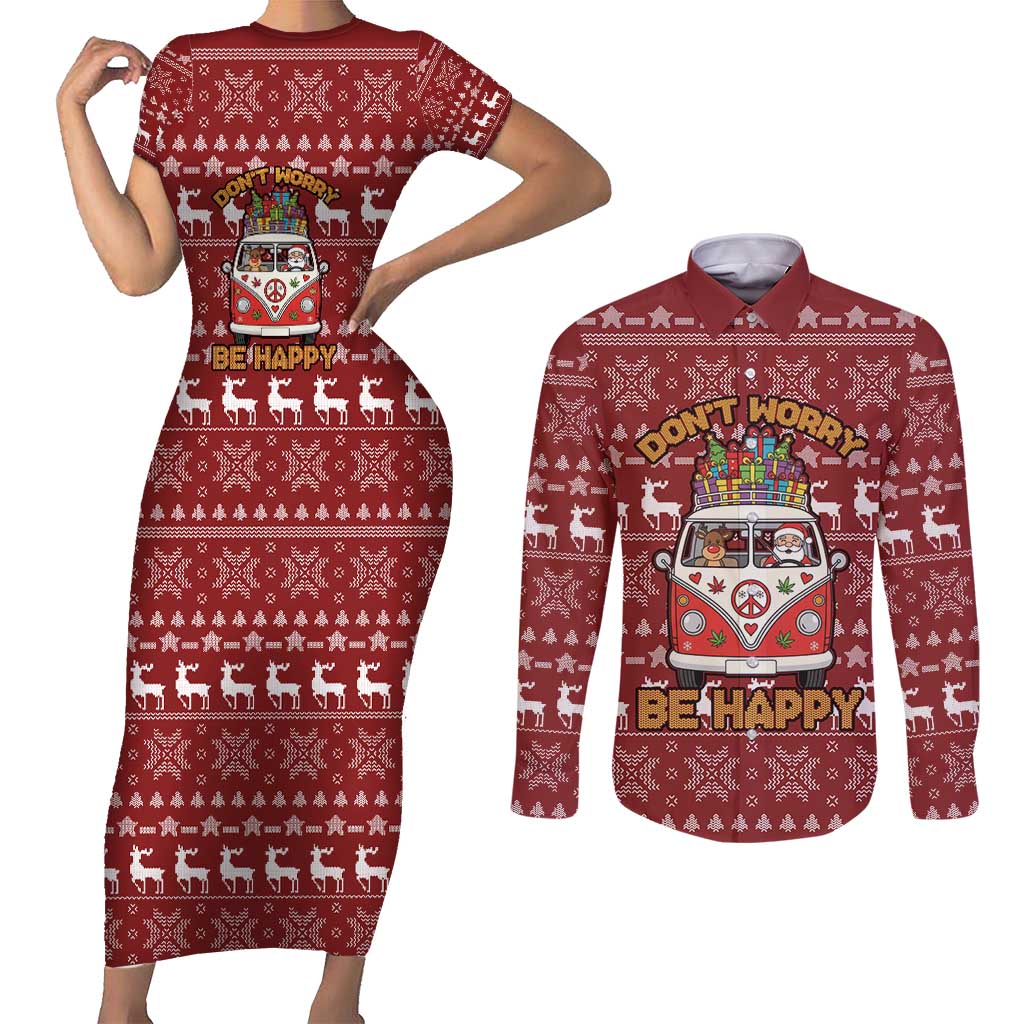 Hippie Car Santa Claus Christmas Couples Matching Short Sleeve Bodycon Dress and Long Sleeve Button Shirt Xmas Holiday Patterns - Wonder Print Shop