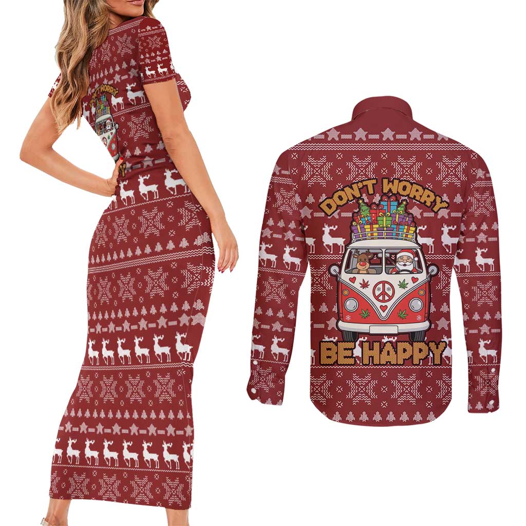 Hippie Car Santa Claus Christmas Couples Matching Short Sleeve Bodycon Dress and Long Sleeve Button Shirt Xmas Holiday Patterns - Wonder Print Shop
