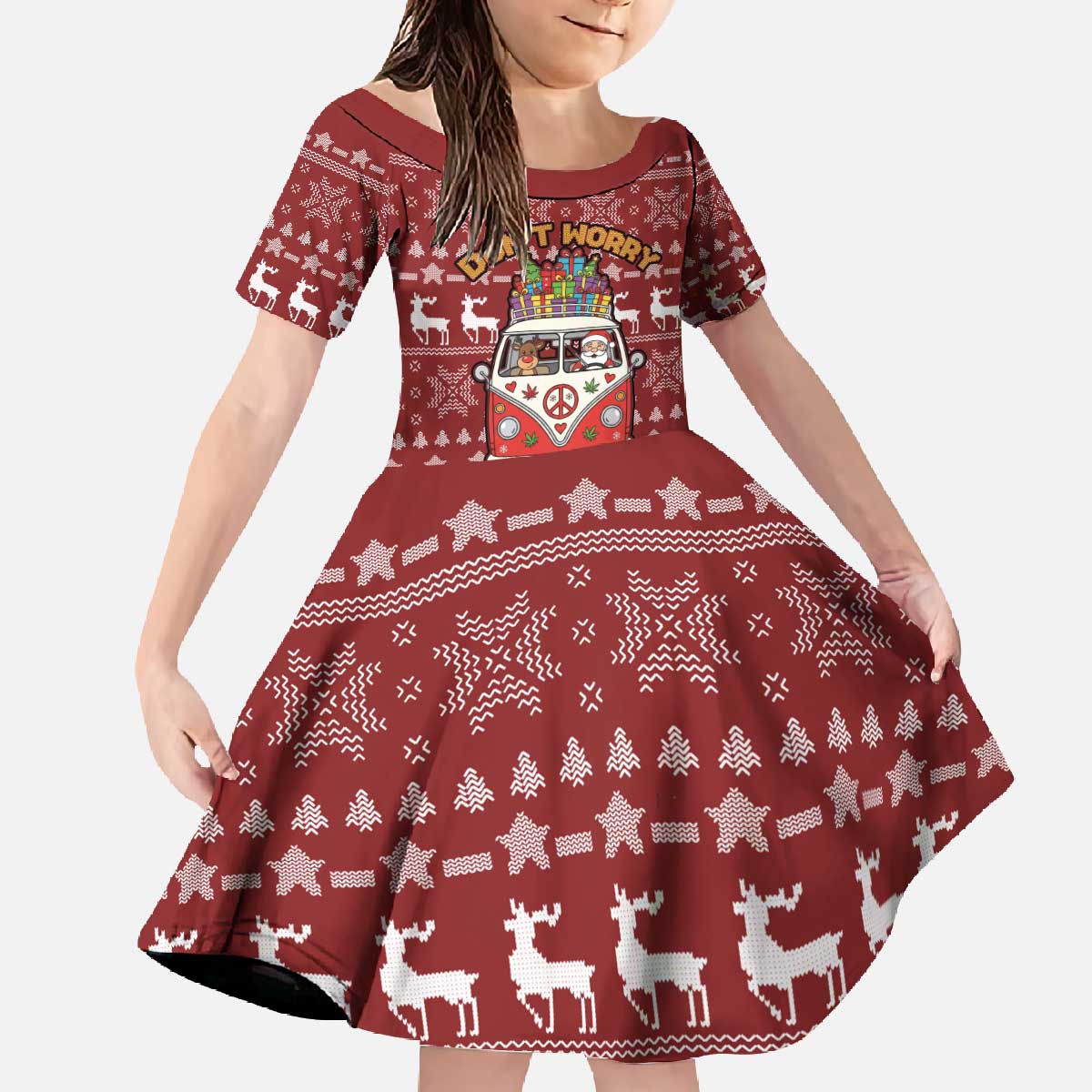 Hippie Car Santa Claus Christmas Family Matching Off The Shoulder Long Sleeve Dress and Hawaiian Shirt Xmas Holiday Patterns - Wonder Print Shop