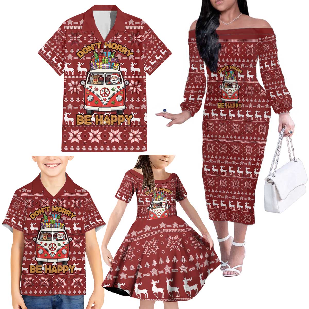 Hippie Car Santa Claus Christmas Family Matching Off The Shoulder Long Sleeve Dress and Hawaiian Shirt Xmas Holiday Patterns - Wonder Print Shop