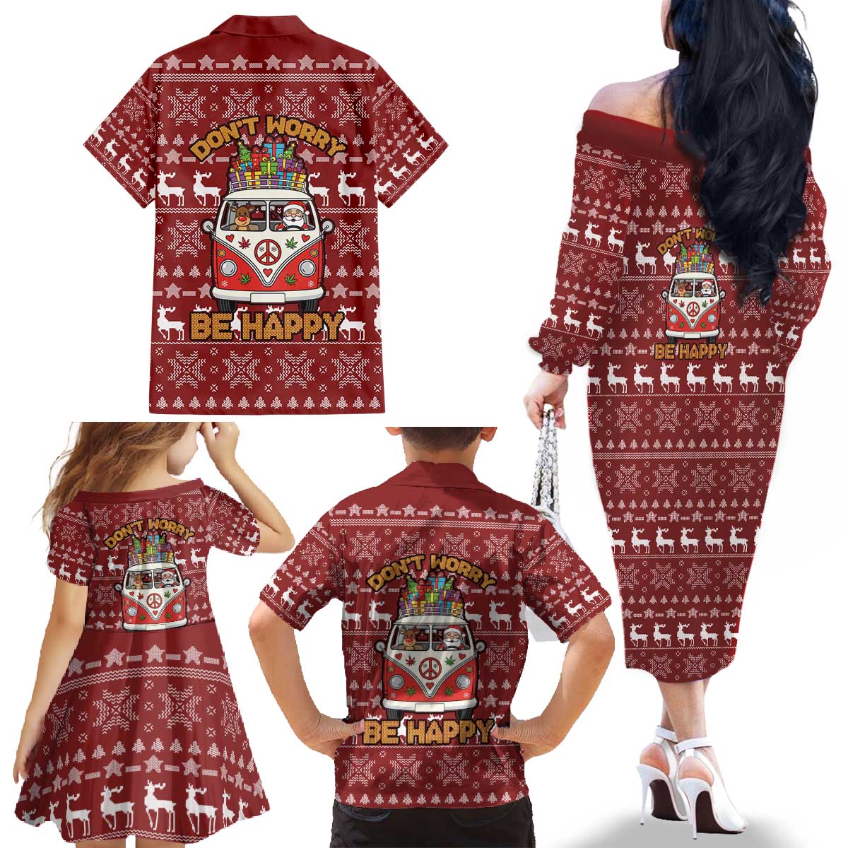 Hippie Car Santa Claus Christmas Family Matching Off The Shoulder Long Sleeve Dress and Hawaiian Shirt Xmas Holiday Patterns - Wonder Print Shop