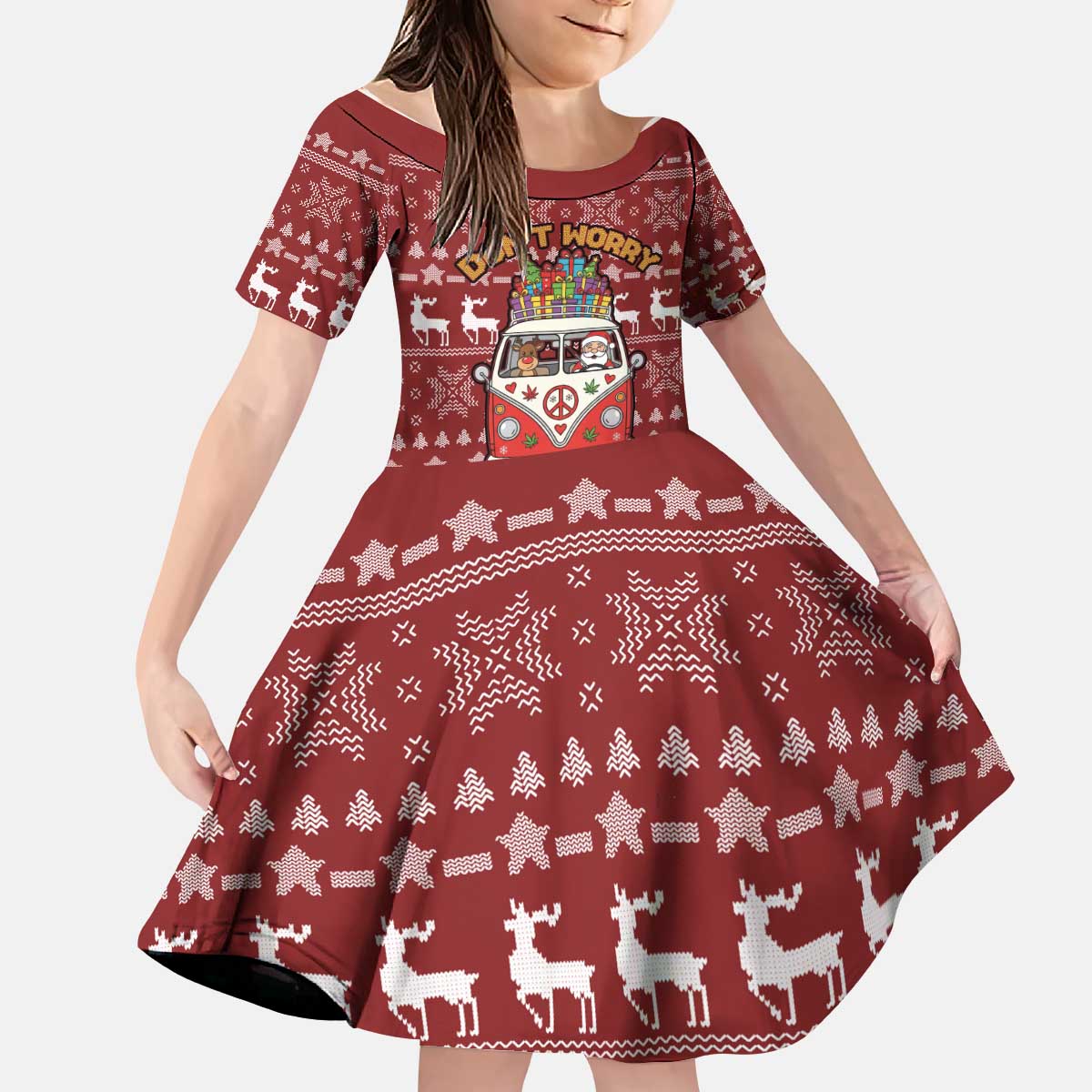 Hippie Car Santa Claus Christmas Kid Short Sleeve Dress Xmas Holiday Patterns - Wonder Print Shop