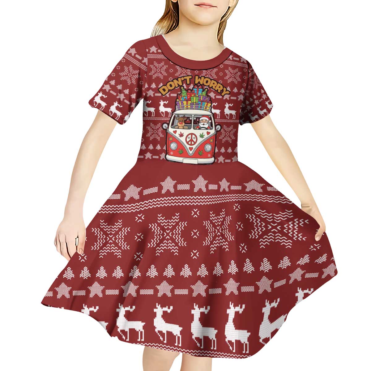 Hippie Car Santa Claus Christmas Kid Short Sleeve Dress Xmas Holiday Patterns - Wonder Print Shop