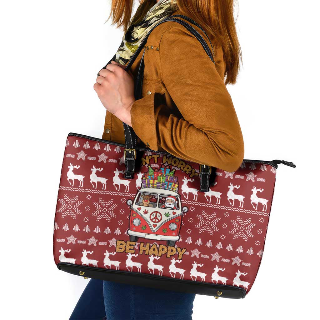 Hippie Car Santa Claus Christmas Leather Tote Bag Xmas Holiday Patterns - Wonder Print Shop