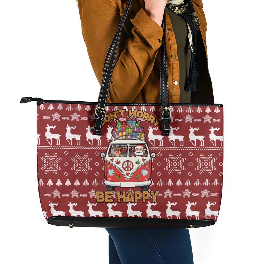 Hippie Car Santa Claus Christmas Leather Tote Bag Xmas Holiday Patterns - Wonder Print Shop