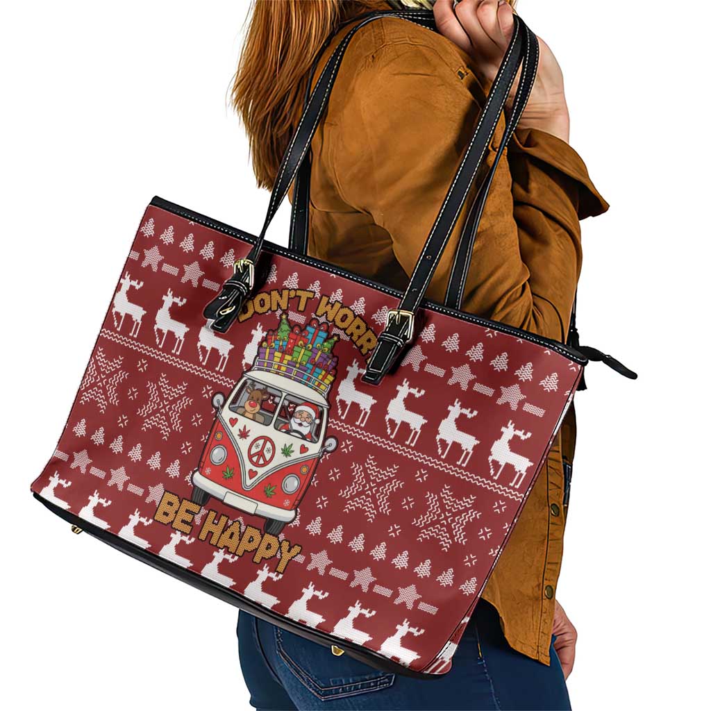 Hippie Car Santa Claus Christmas Leather Tote Bag Xmas Holiday Patterns - Wonder Print Shop