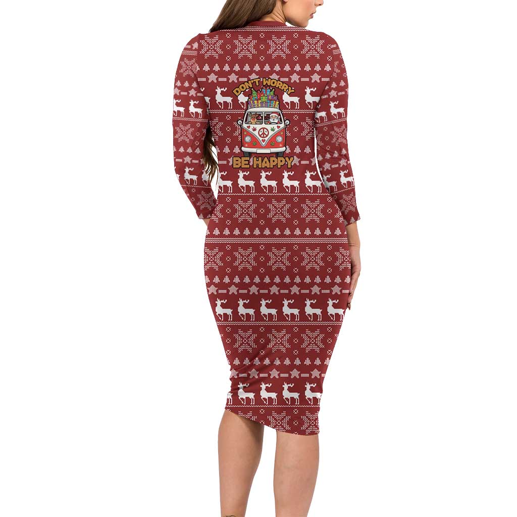 Hippie Car Santa Claus Christmas Long Sleeve Bodycon Dress Xmas Holiday Patterns - Wonder Print Shop