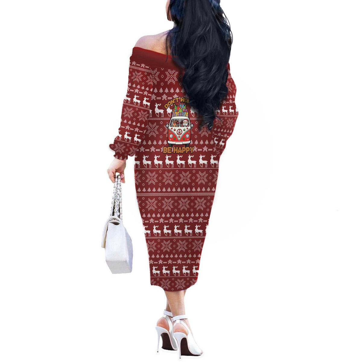 Hippie Car Santa Claus Christmas Off The Shoulder Long Sleeve Dress Xmas Holiday Patterns - Wonder Print Shop