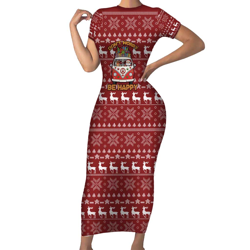 Hippie Car Santa Claus Christmas Short Sleeve Bodycon Dress Xmas Holiday Patterns - Wonder Print Shop