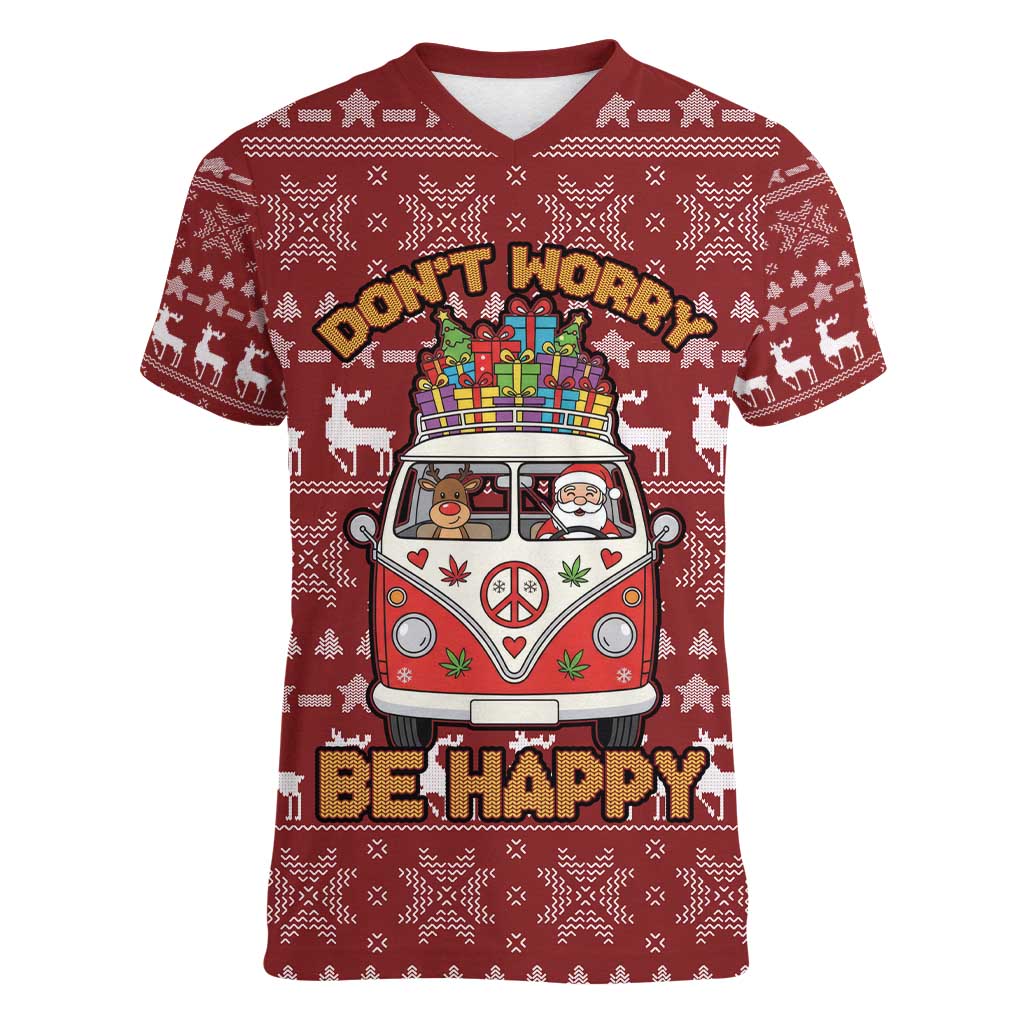 Hippie Car Santa Claus Christmas Women V-Neck T-Shirt Xmas Holiday Patterns - Wonder Print Shop