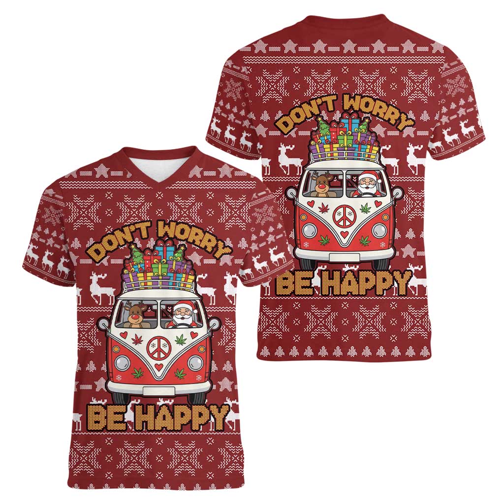 Hippie Car Santa Claus Christmas Women V-Neck T-Shirt Xmas Holiday Patterns - Wonder Print Shop