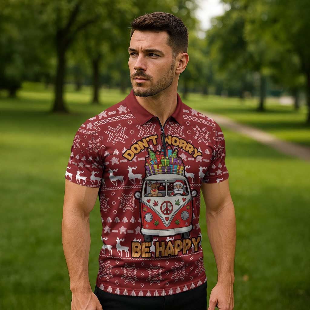Hippie Car Santa Claus Christmas Zipper Polo Shirt Xmas Holiday Patterns - Wonder Print Shop