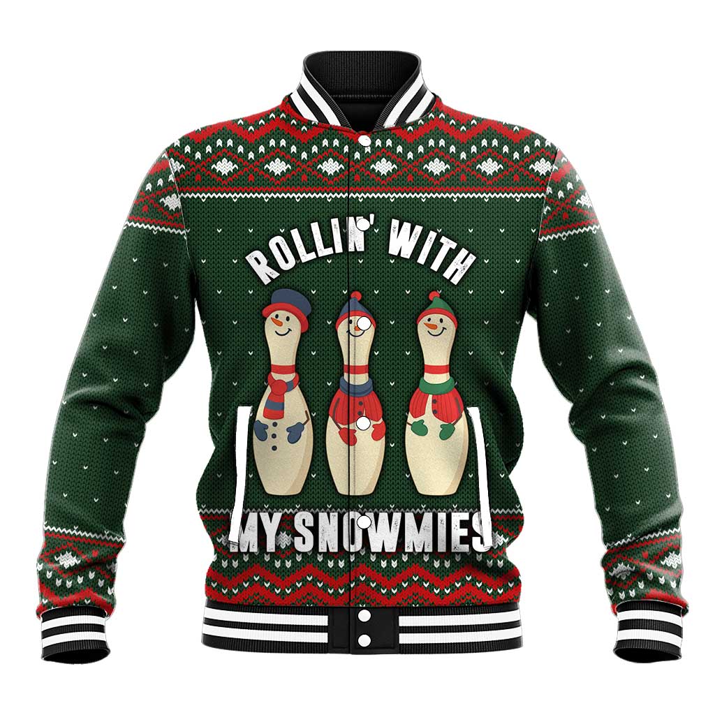 Christmas Bowling Rollin With My Snowmies Baseball Jacket Xmas Holiday Patterns - Wonder Print Shop