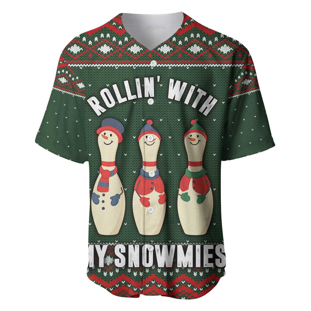 Christmas Bowling Rollin With My Snowmies Baseball Jersey Xmas Holiday Patterns - Wonder Print Shop