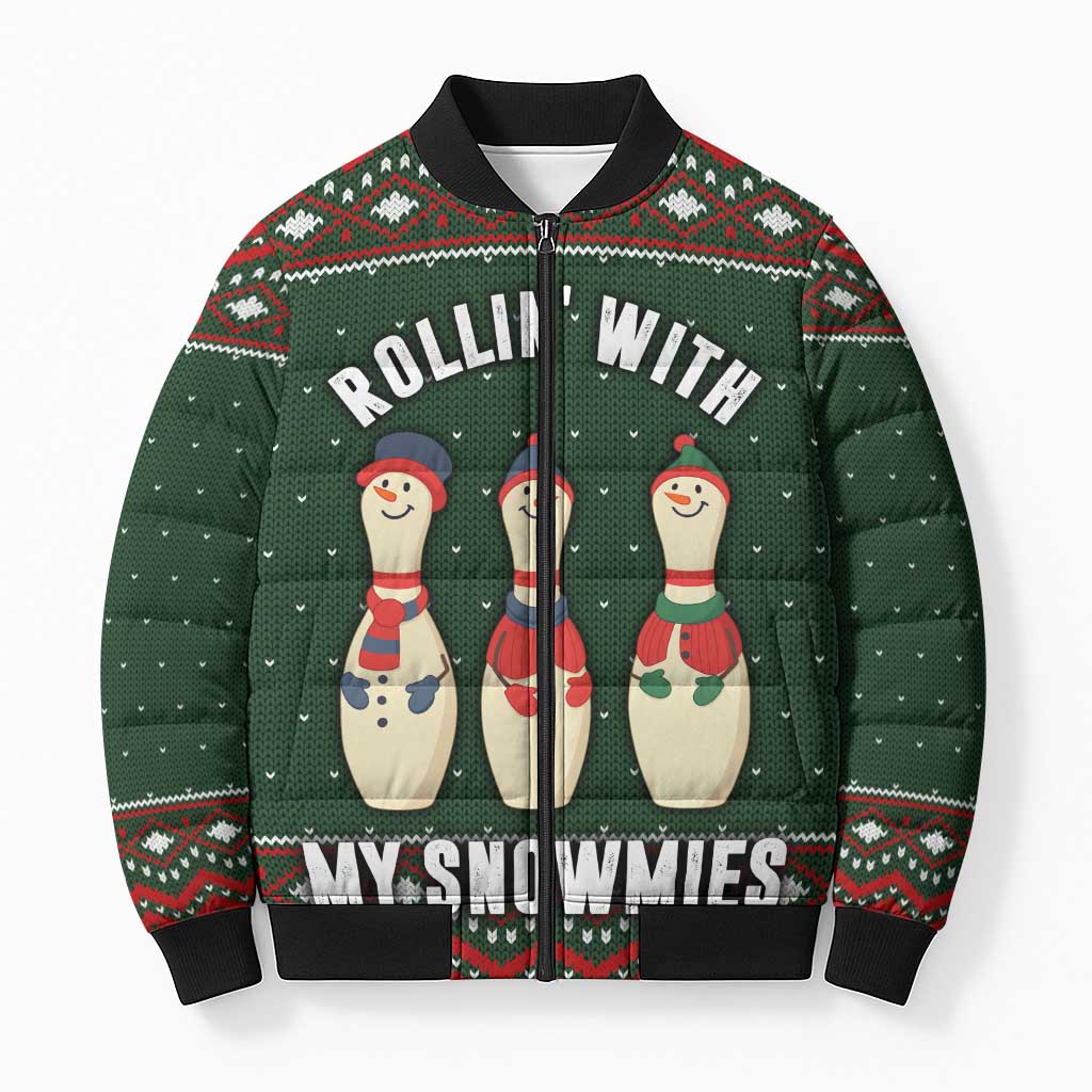 Christmas Bowling Rollin With My Snowmies Bomber Puffer Jacket Xmas Holiday Patterns - Wonder Print Shop