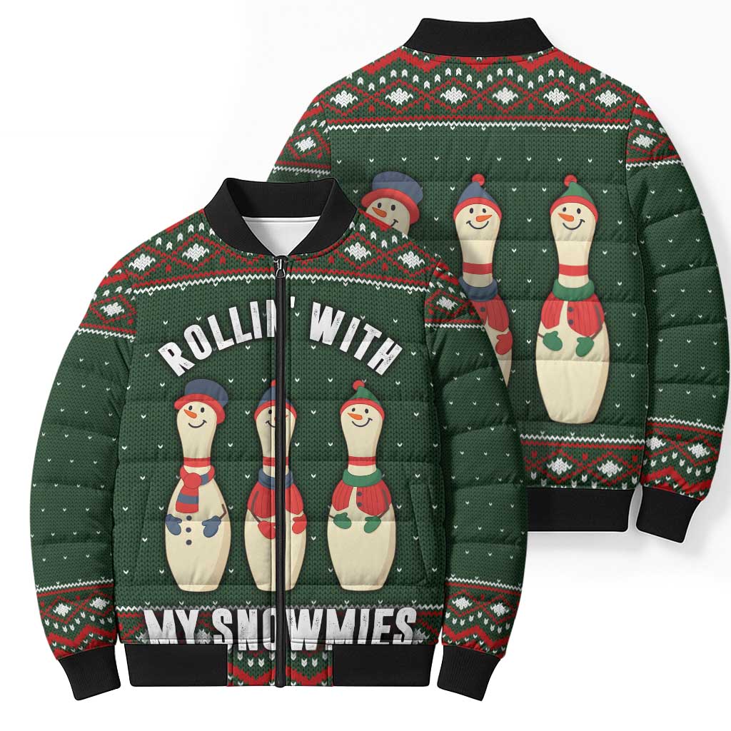Christmas Bowling Rollin With My Snowmies Bomber Puffer Jacket Xmas Holiday Patterns - Wonder Print Shop