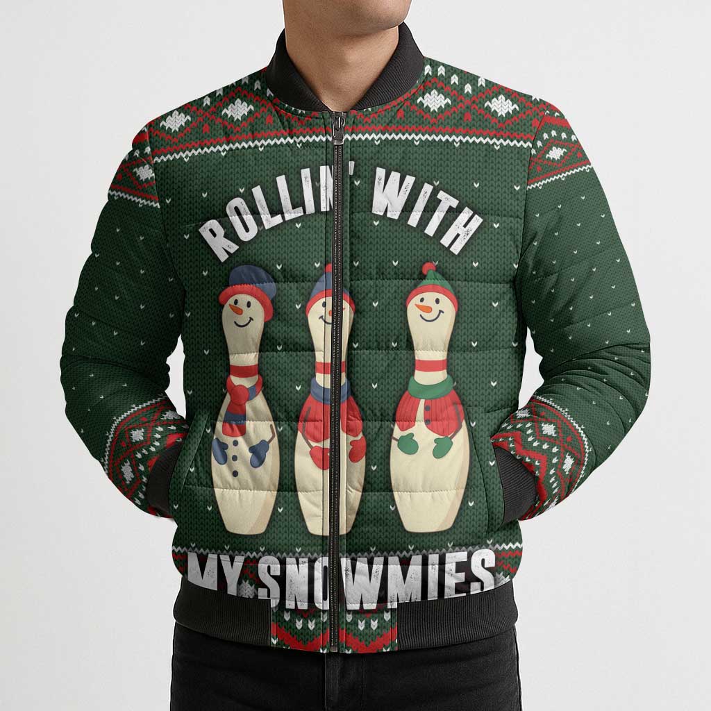 Christmas Bowling Rollin With My Snowmies Bomber Puffer Jacket Xmas Holiday Patterns - Wonder Print Shop