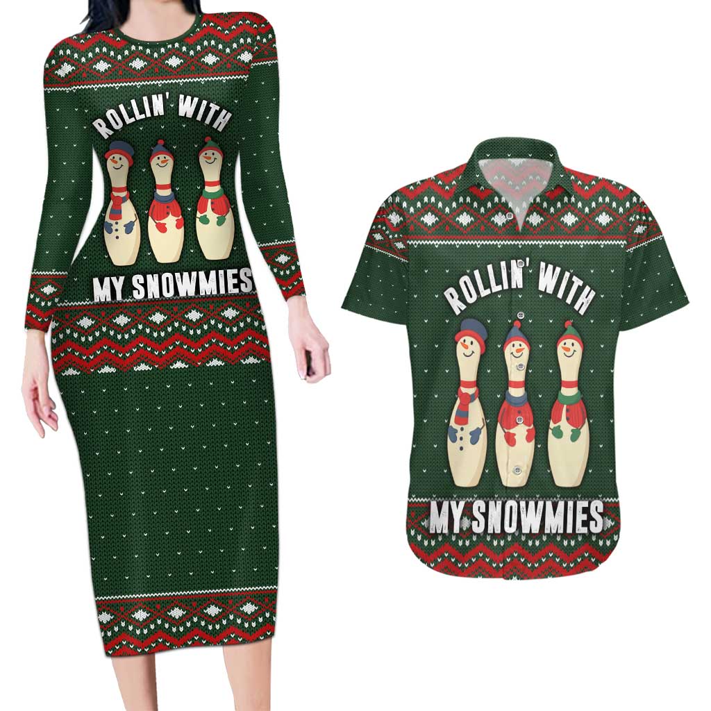 Christmas Bowling Rollin With My Snowmies Couples Matching Long Sleeve Bodycon Dress and Hawaiian Shirt Xmas Holiday Patterns - Wonder Print Shop
