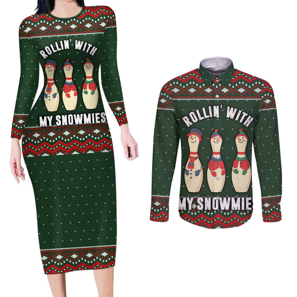 Christmas Bowling Rollin With My Snowmies Couples Matching Long Sleeve Bodycon Dress and Long Sleeve Button Shirt Xmas Holiday Patterns - Wonder Print Shop
