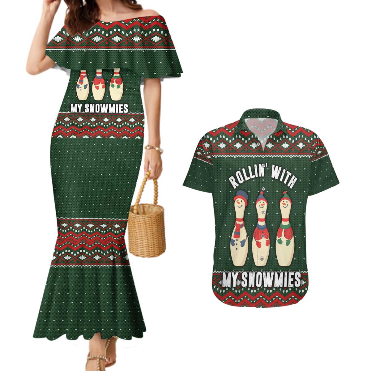 Christmas Bowling Rollin With My Snowmies Couples Matching Mermaid Dress and Hawaiian Shirt Xmas Holiday Patterns - Wonder Print Shop