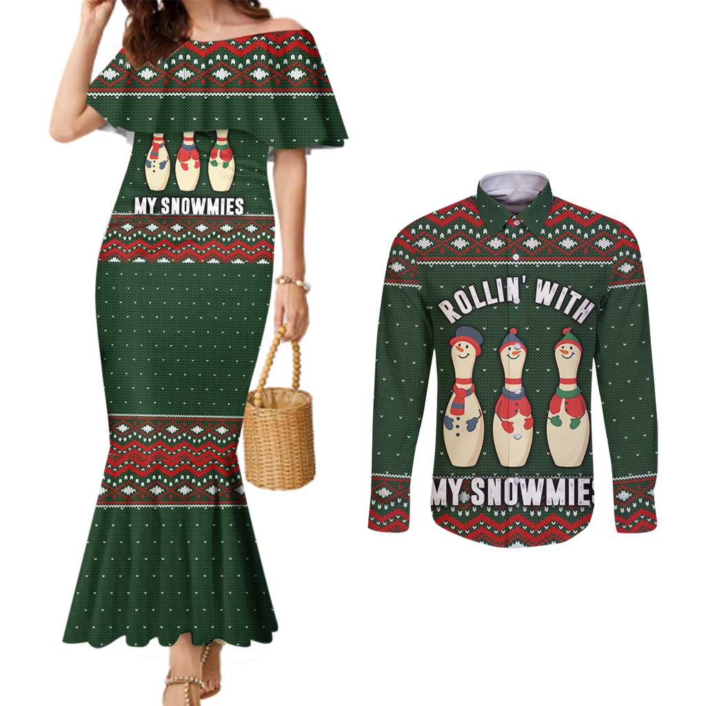 Christmas Bowling Rollin With My Snowmies Couples Matching Mermaid Dress and Long Sleeve Button Shirt Xmas Holiday Patterns - Wonder Print Shop