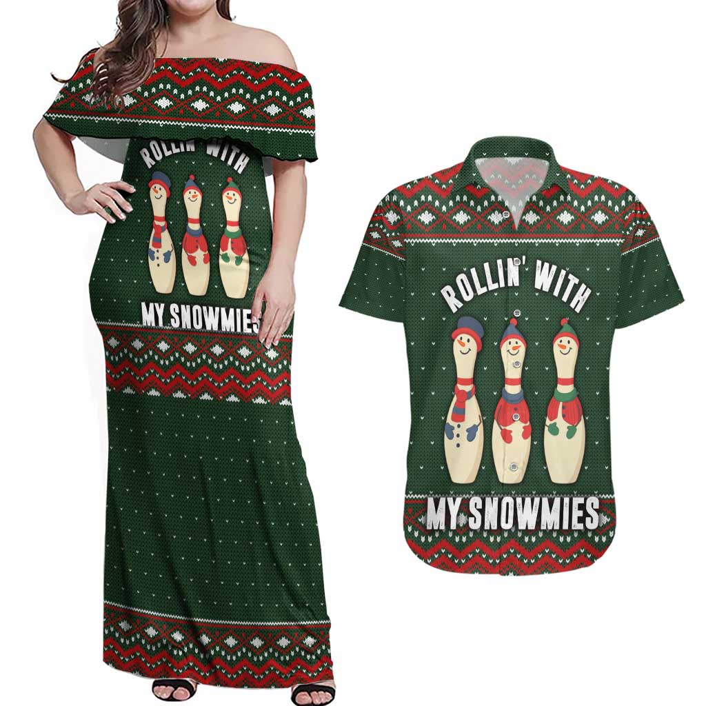 Christmas Bowling Rollin With My Snowmies Couples Matching Off Shoulder Maxi Dress and Hawaiian Shirt Xmas Holiday Patterns - Wonder Print Shop