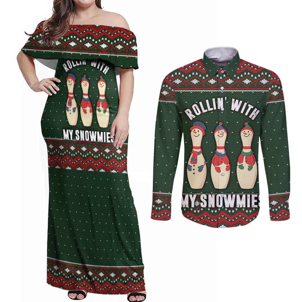 Christmas Bowling Rollin With My Snowmies Couples Matching Off Shoulder Maxi Dress and Long Sleeve Button Shirt Xmas Holiday Patterns - Wonder Print Shop